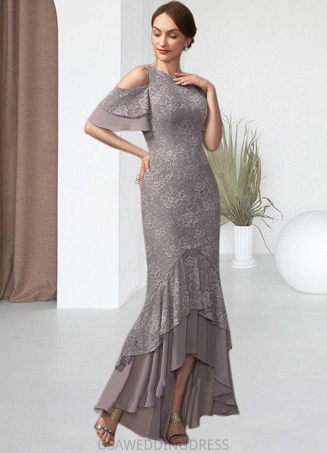 Lydia Trumpet/Mermaid Scoop Neck Asymmetrical Chiffon Lace Mother of the Bride Dress With Cascading Ruffles DS126P0014734