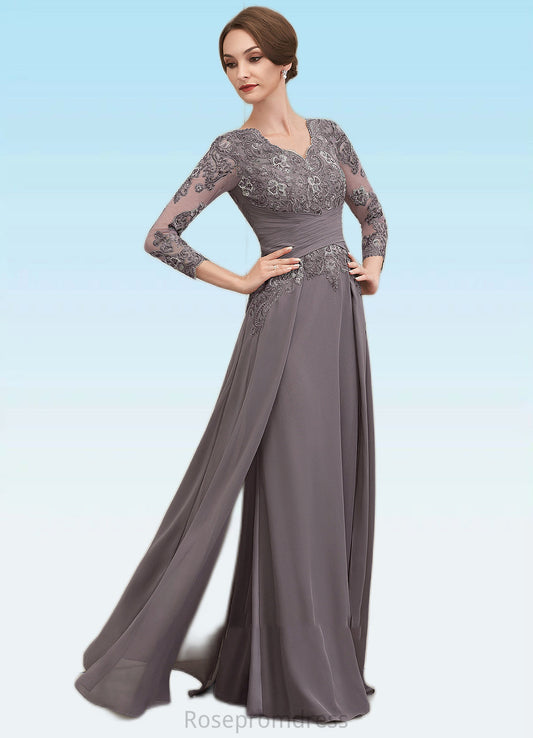 Shea A-Line V-neck Floor-Length Chiffon Lace Mother of the Bride Dress With Ruffle SRS126P0014735