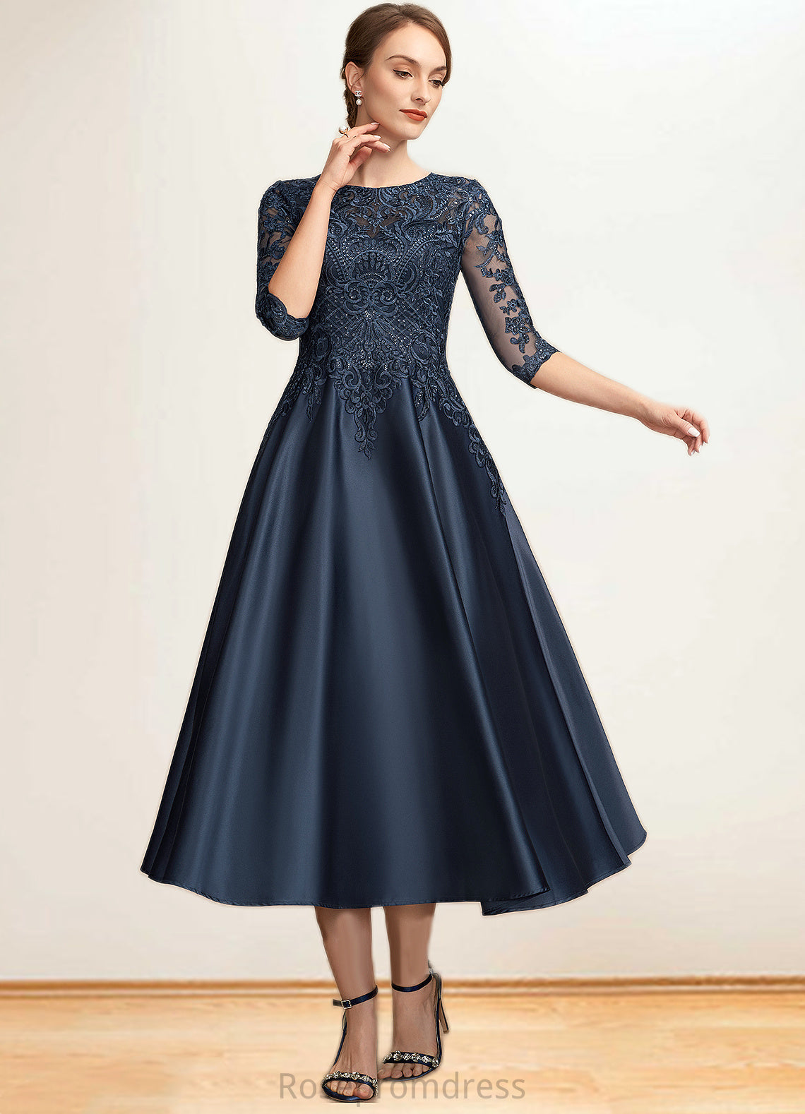Violet A-Line Scoop Neck Tea-Length Satin Lace Mother of the Bride Dress With Sequins SRS126P0014736