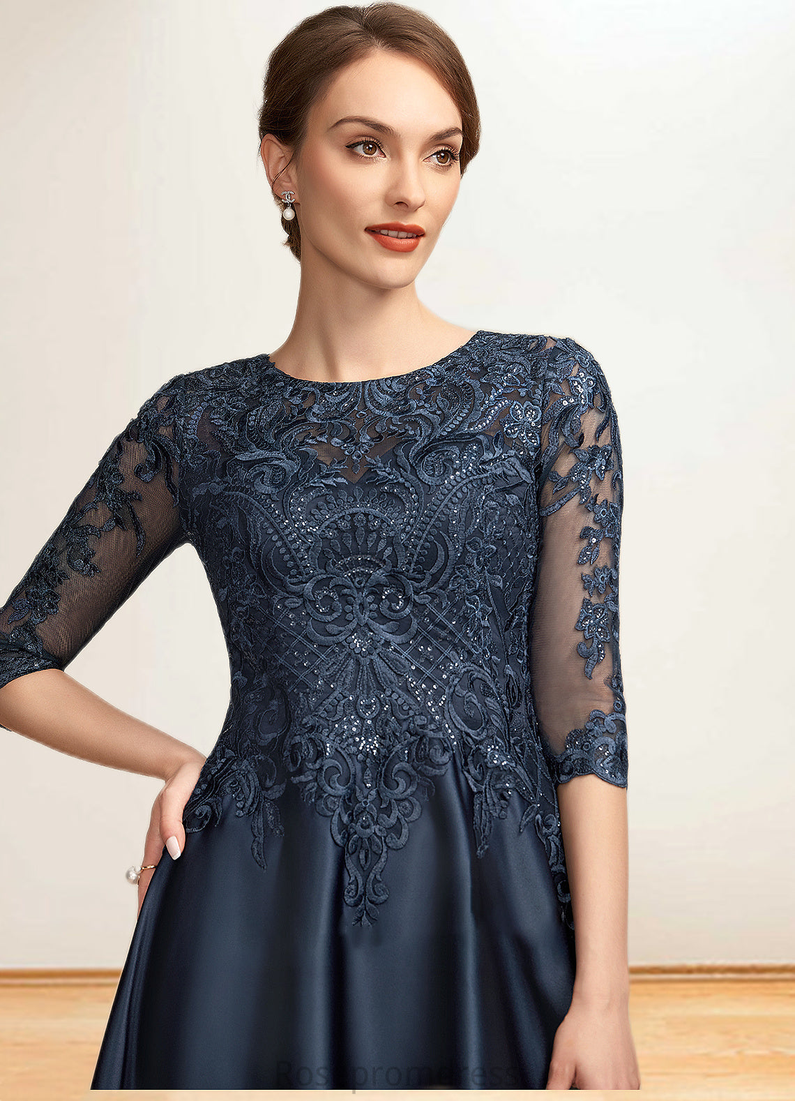 Violet A-Line Scoop Neck Tea-Length Satin Lace Mother of the Bride Dress With Sequins SRS126P0014736