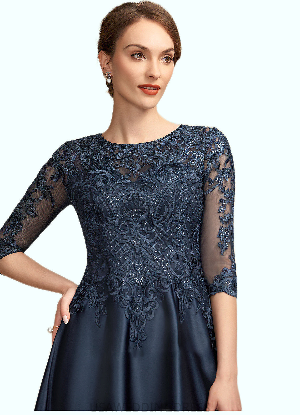 Jillian A-Line Scoop Neck Tea-Length Satin Lace Mother of the Bride Dress With Sequins DS126P0014736