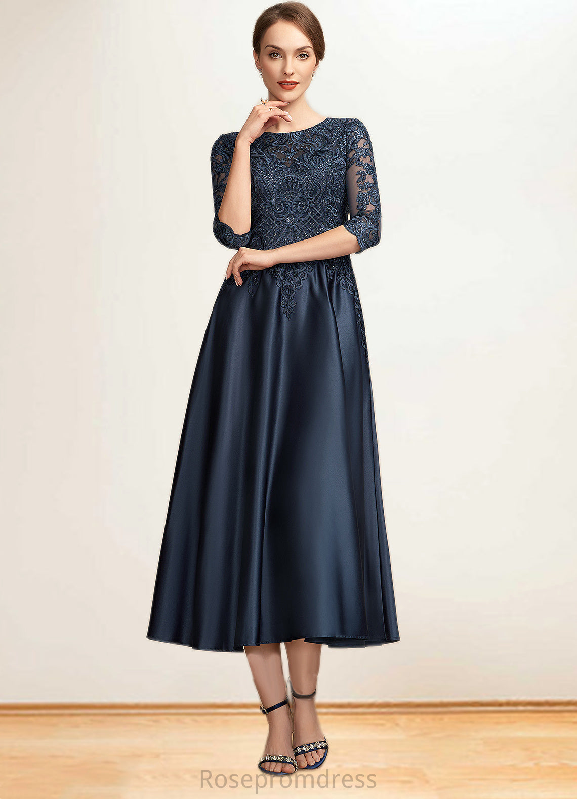 Violet A-Line Scoop Neck Tea-Length Satin Lace Mother of the Bride Dress With Sequins SRS126P0014736