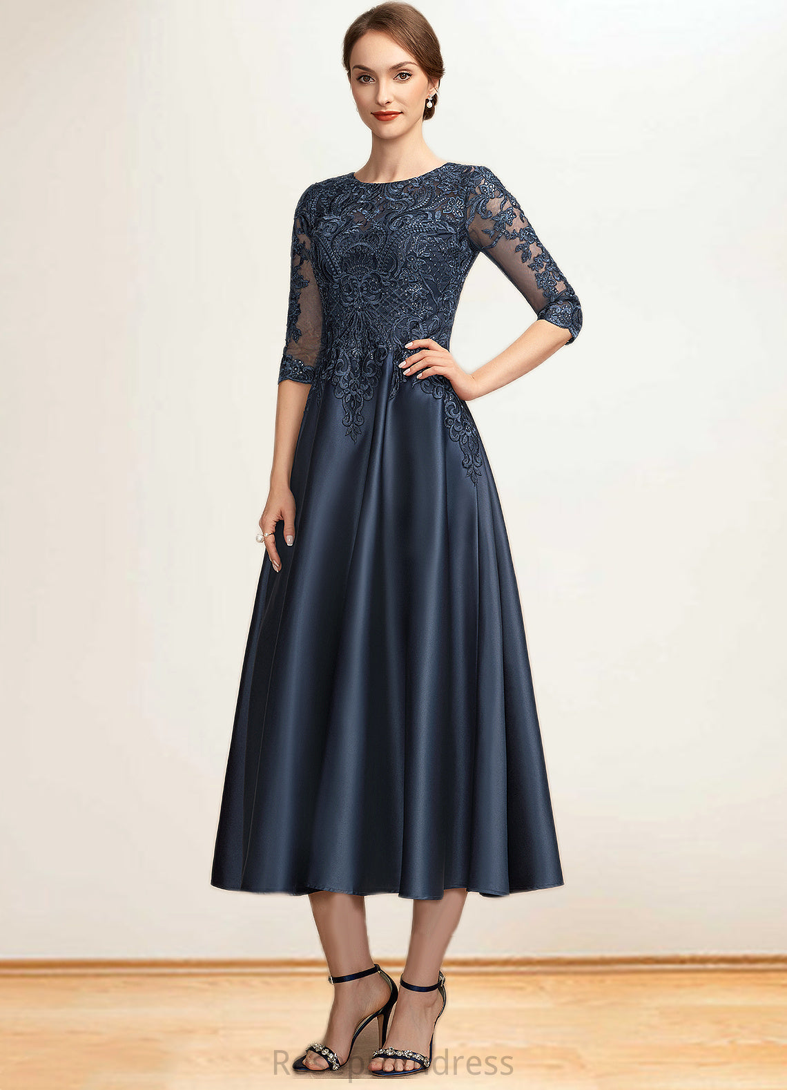 Violet A-Line Scoop Neck Tea-Length Satin Lace Mother of the Bride Dress With Sequins SRS126P0014736