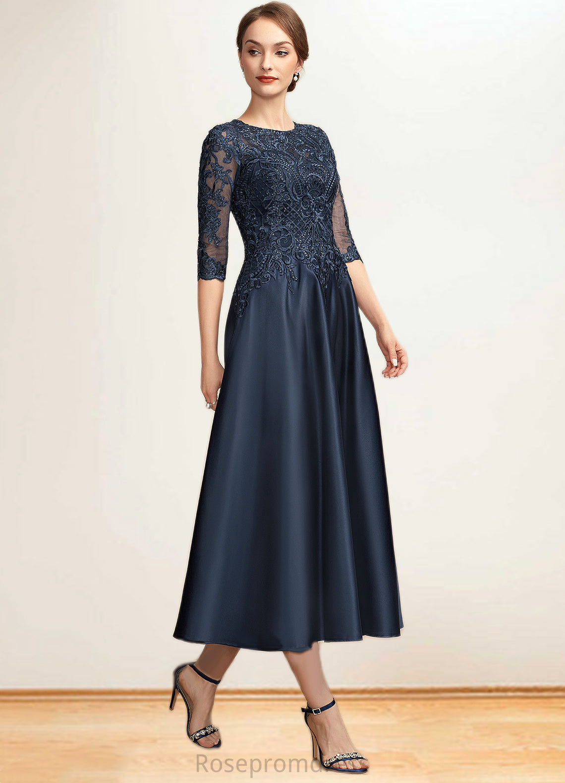 Violet A-Line Scoop Neck Tea-Length Satin Lace Mother of the Bride Dress With Sequins SRS126P0014736