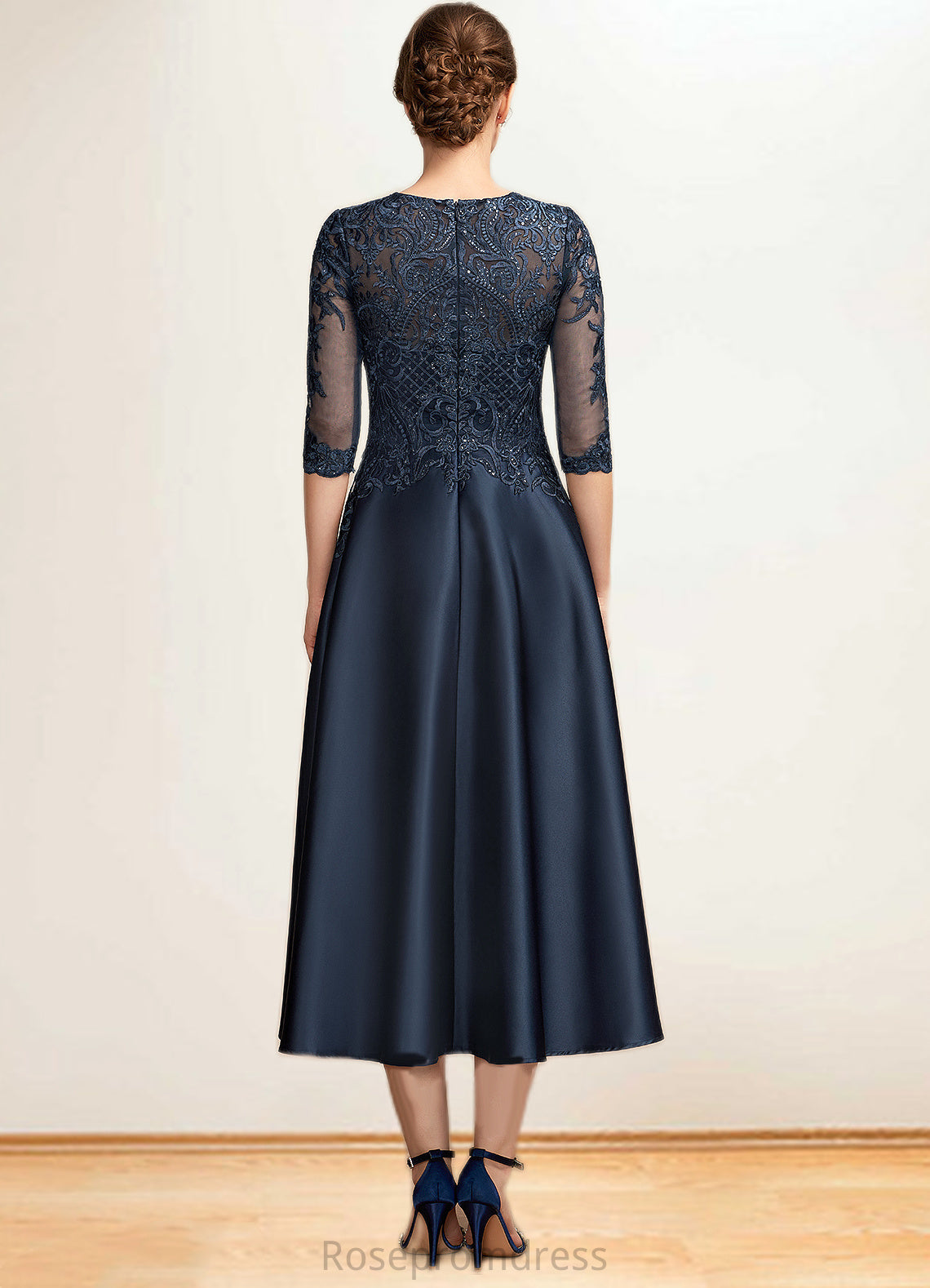 Violet A-Line Scoop Neck Tea-Length Satin Lace Mother of the Bride Dress With Sequins SRS126P0014736