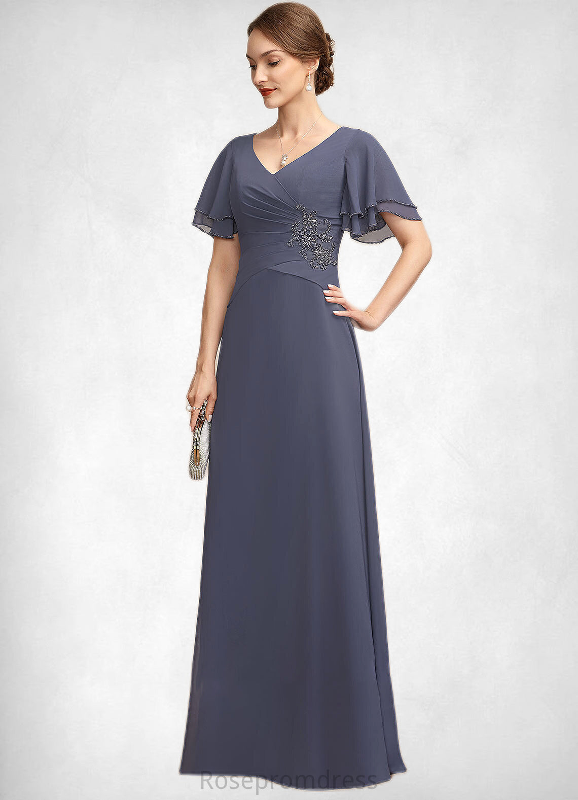 Yaretzi A-Line V-neck Floor-Length Chiffon Mother of the Bride Dress With Ruffle Beading SRS126P0014737