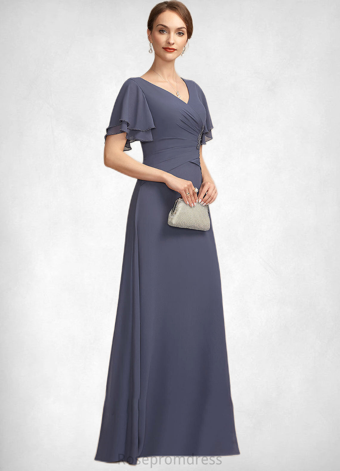 Yaretzi A-Line V-neck Floor-Length Chiffon Mother of the Bride Dress With Ruffle Beading SRS126P0014737