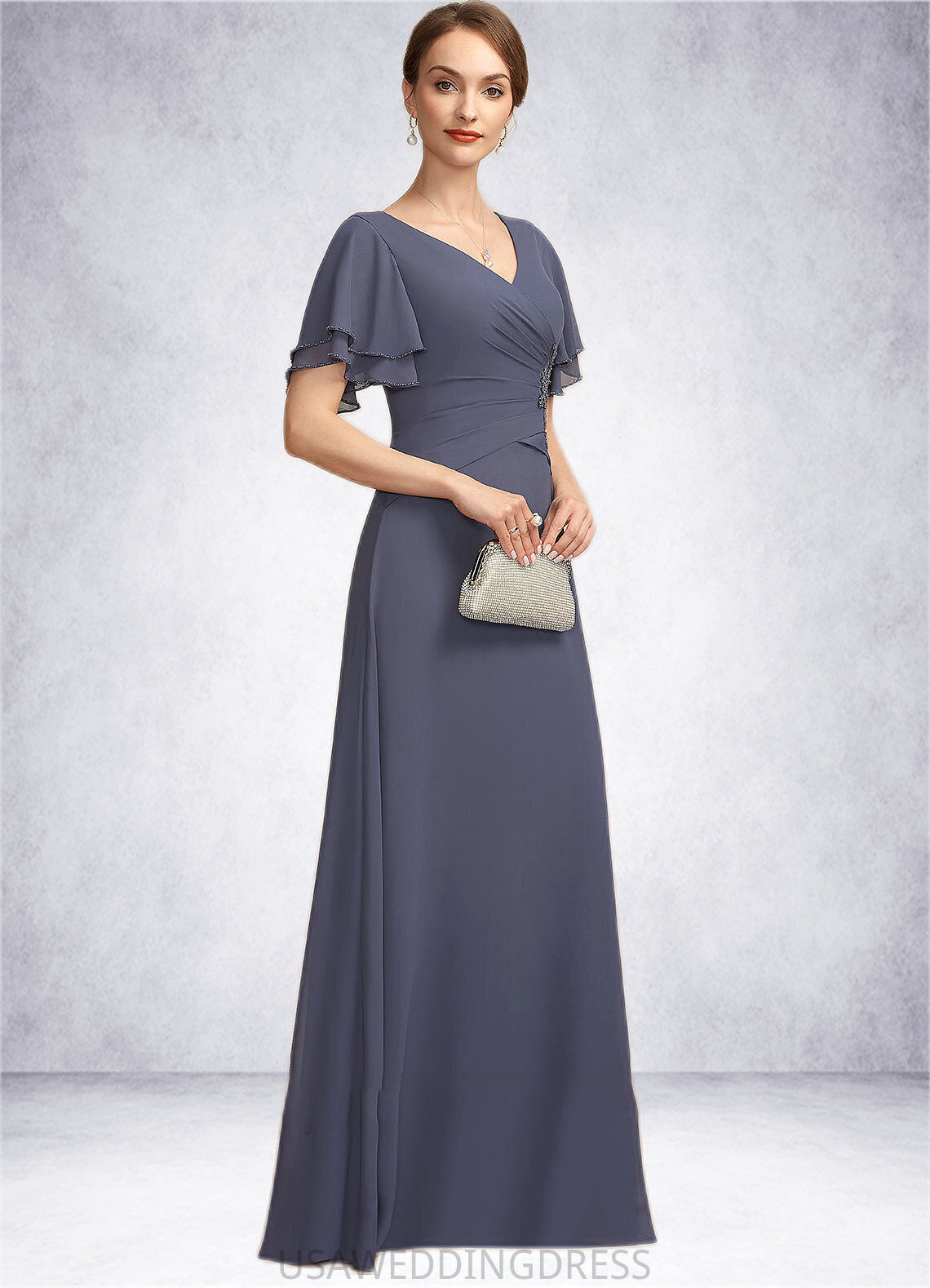Charlotte A-Line V-neck Floor-Length Chiffon Mother of the Bride Dress With Ruffle Beading DS126P0014737