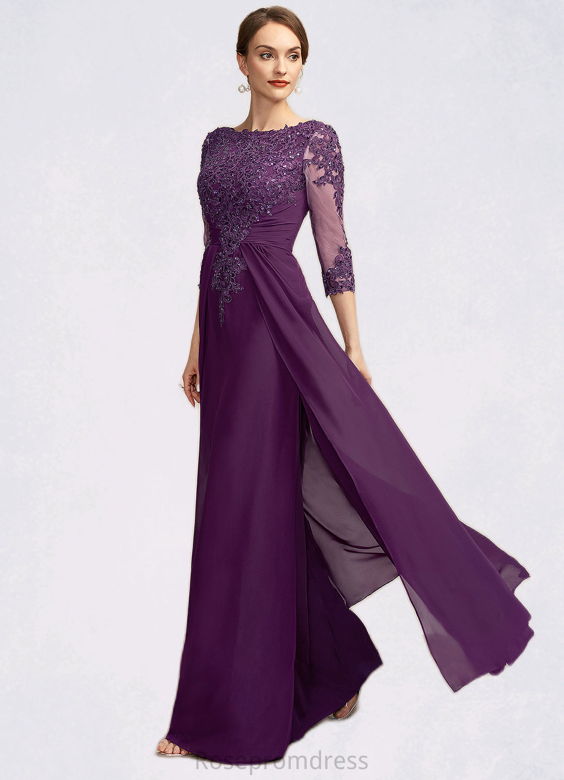 Salome A-Line Scoop Neck Floor-Length Chiffon Lace Mother of the Bride Dress With Beading Sequins SRS126P0014738