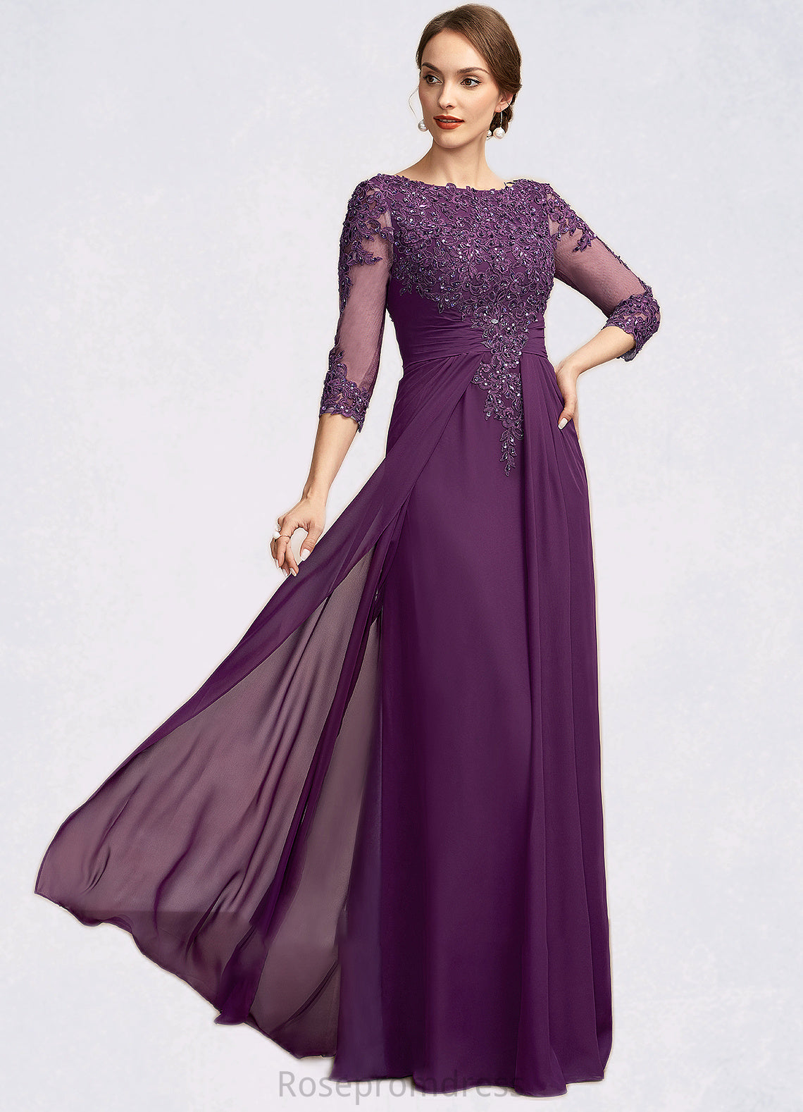 Salome A-Line Scoop Neck Floor-Length Chiffon Lace Mother of the Bride Dress With Beading Sequins SRS126P0014738