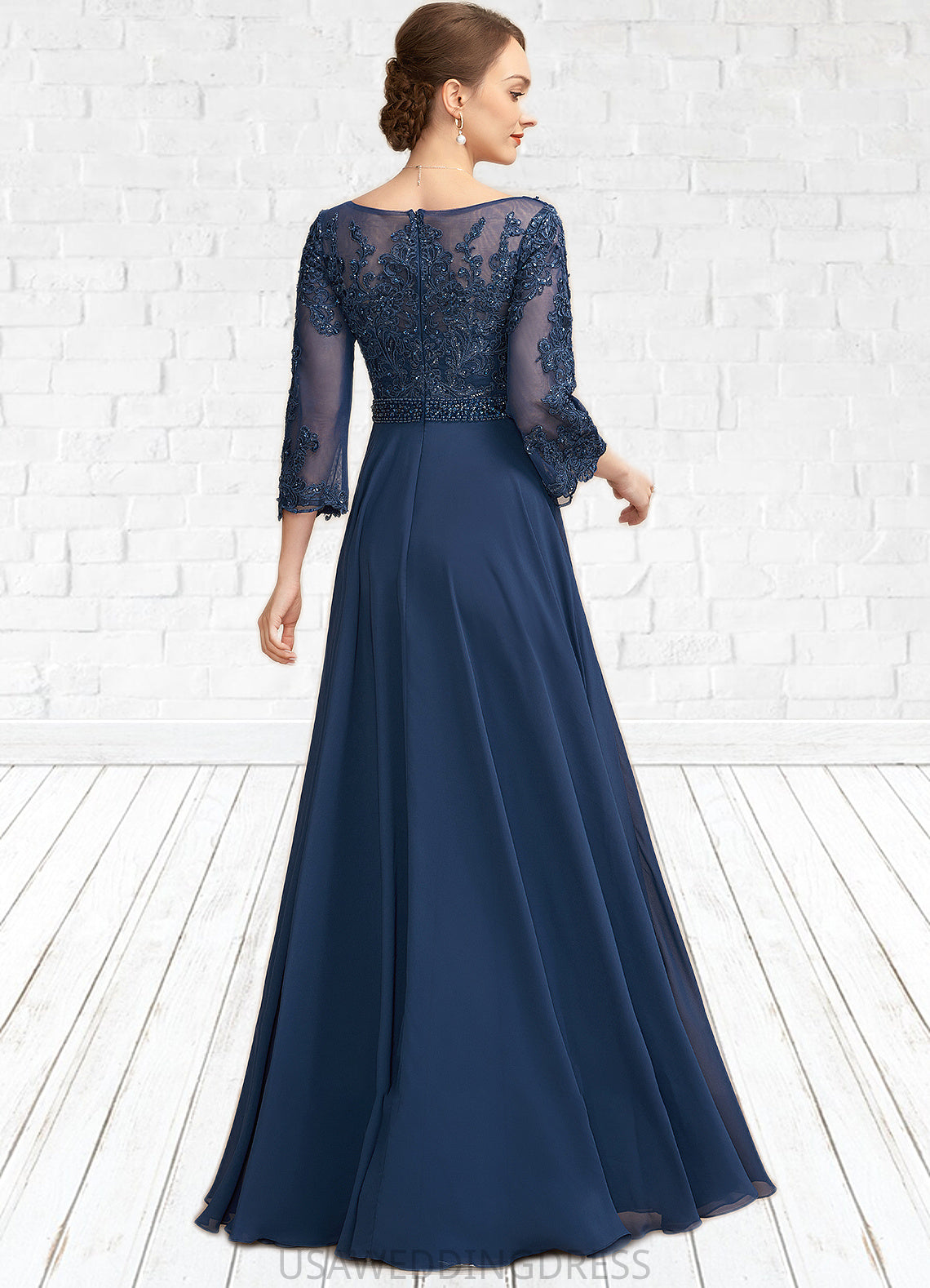 Janessa A-Line V-neck Floor-Length Chiffon Lace Mother of the Bride Dress With Beading Sequins DS126P0014739