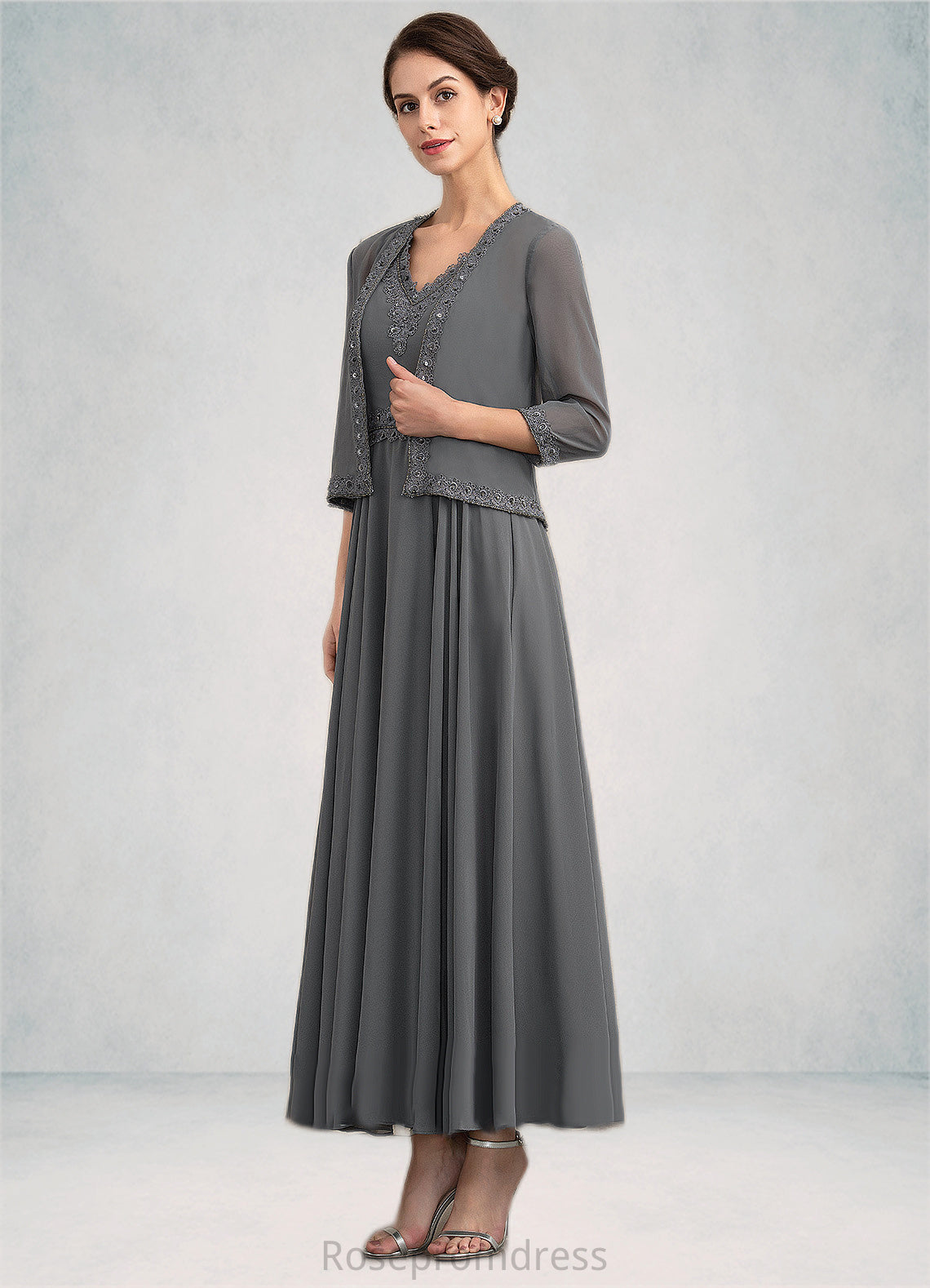 Alexus A-Line V-neck Ankle-Length Chiffon Mother of the Bride Dress With Beading Sequins SRS126P0014740