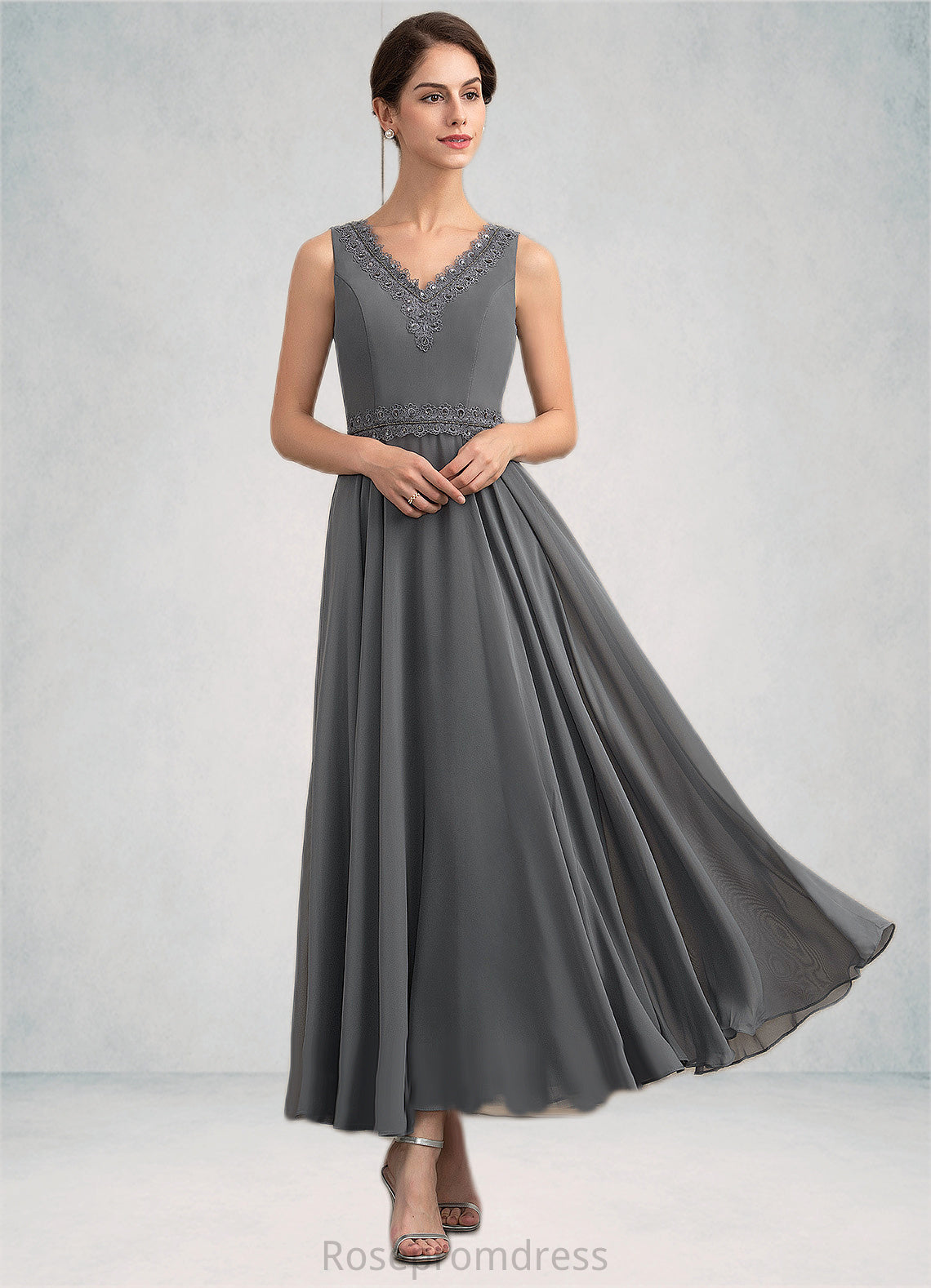 Alexus A-Line V-neck Ankle-Length Chiffon Mother of the Bride Dress With Beading Sequins SRS126P0014740
