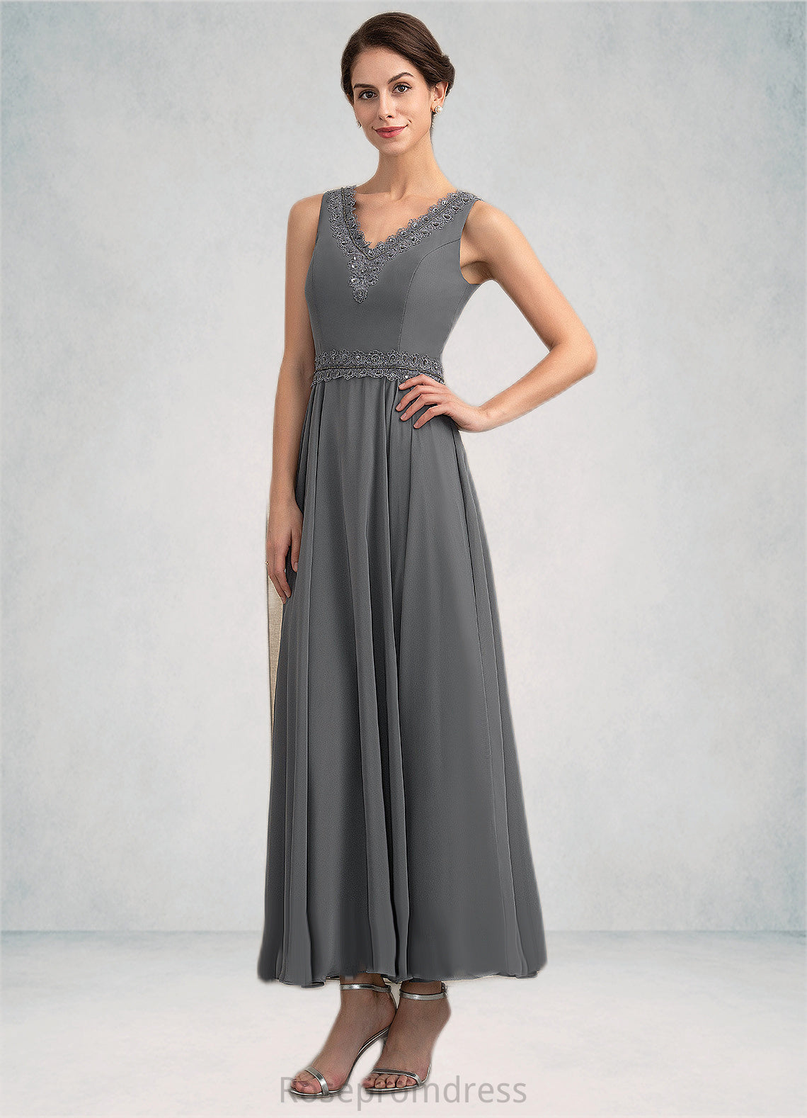Alexus A-Line V-neck Ankle-Length Chiffon Mother of the Bride Dress With Beading Sequins SRS126P0014740