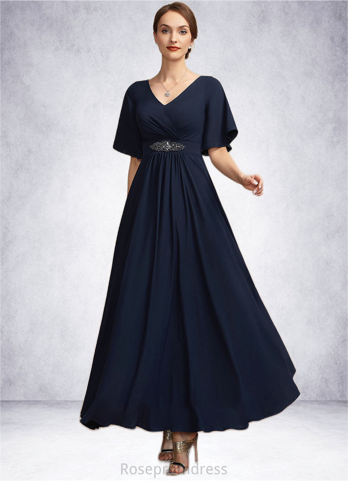 Aurora A-Line V-neck Ankle-Length Mother of the Bride Dress With Ruffle SRS126P0014742