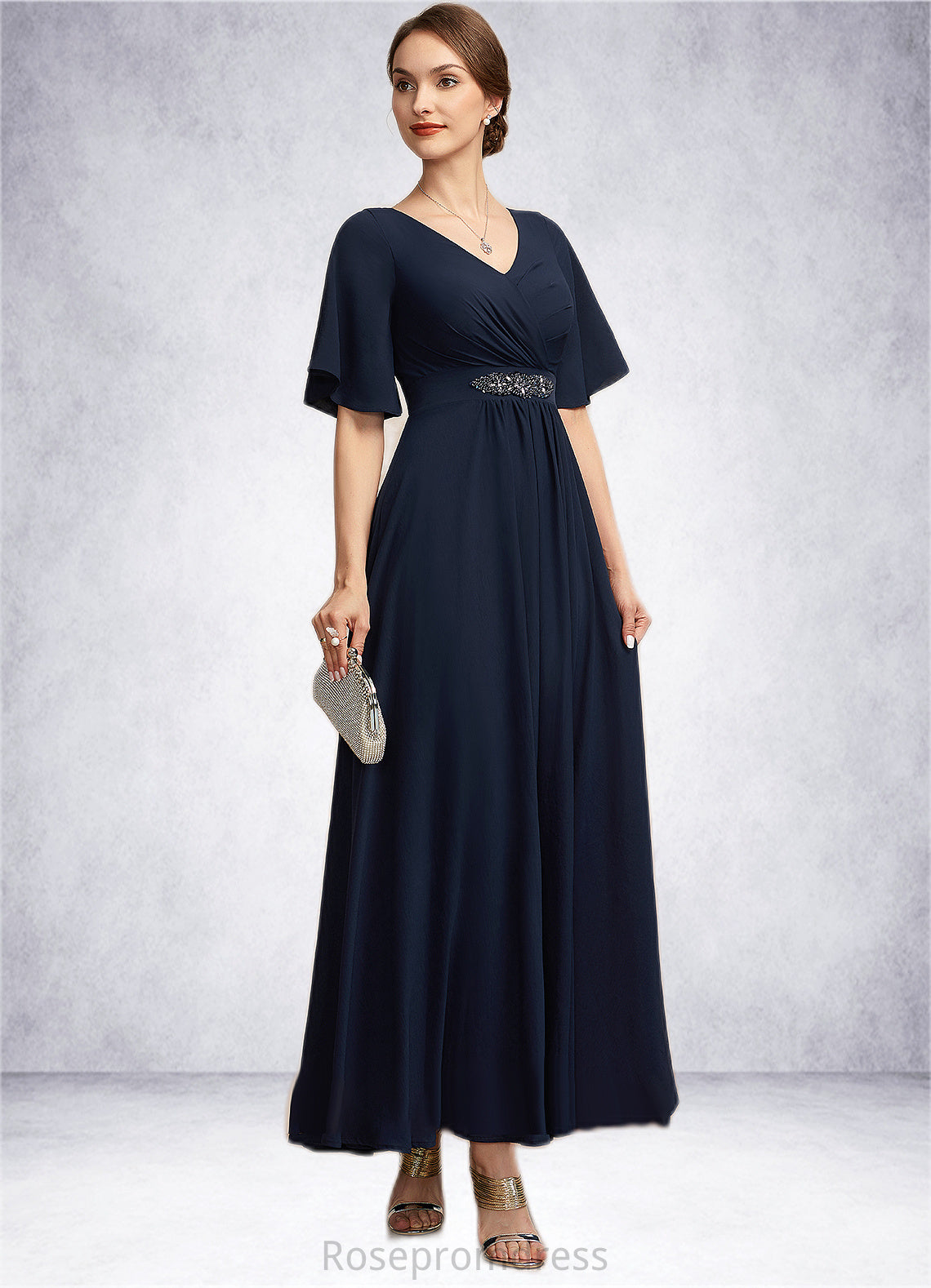 Aurora A-Line V-neck Ankle-Length Mother of the Bride Dress With Ruffle SRS126P0014742