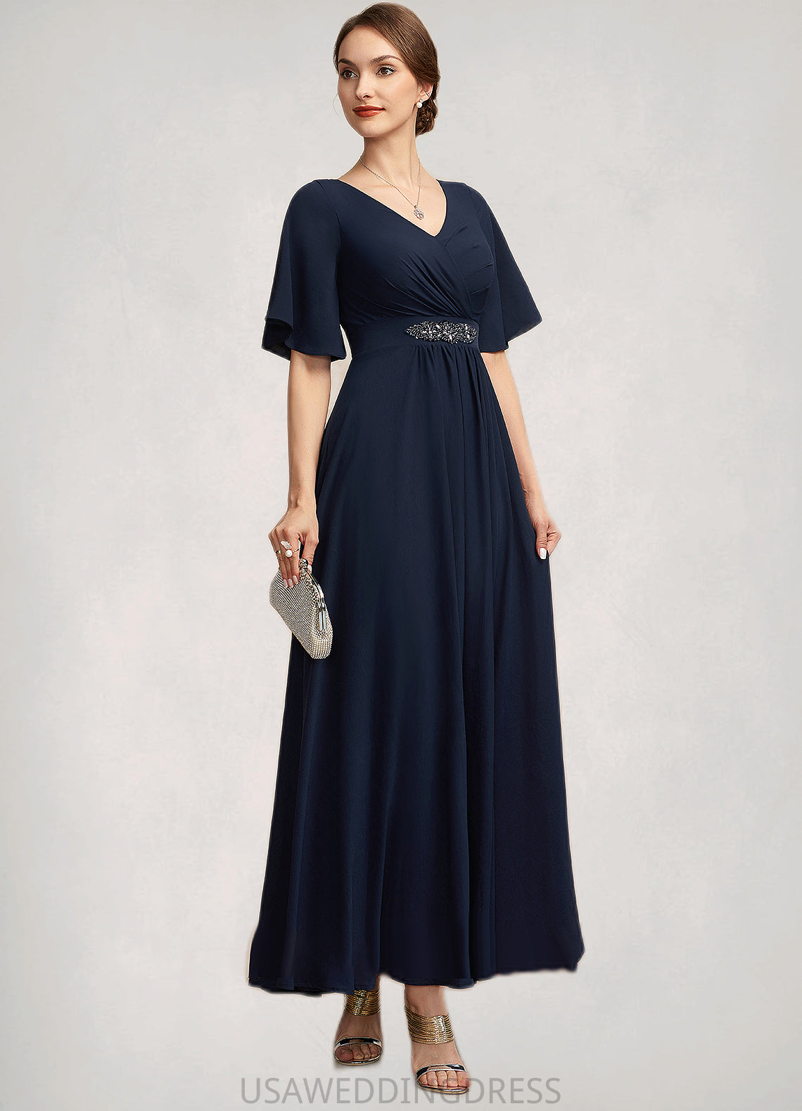 Gracelyn A-Line V-neck Ankle-Length Mother of the Bride Dress With Ruffle DS126P0014742
