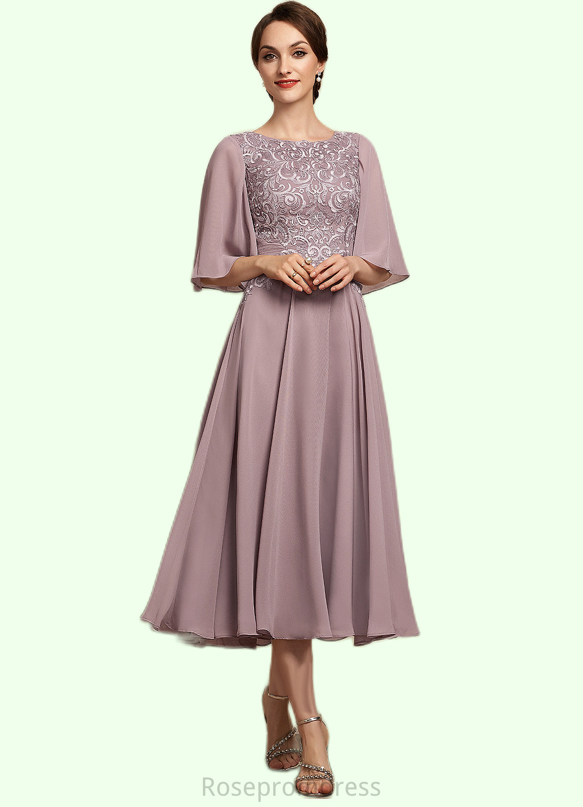 Lillianna A-Line Scoop Neck Tea-Length Chiffon Lace Mother of the Bride Dress SRS126P0014743