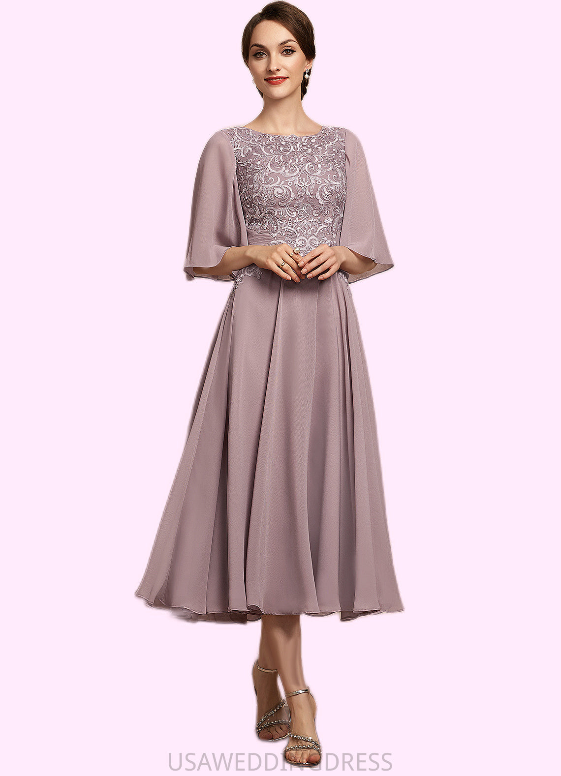 Angela A-Line Scoop Neck Tea-Length Chiffon Lace Mother of the Bride Dress DS126P0014743