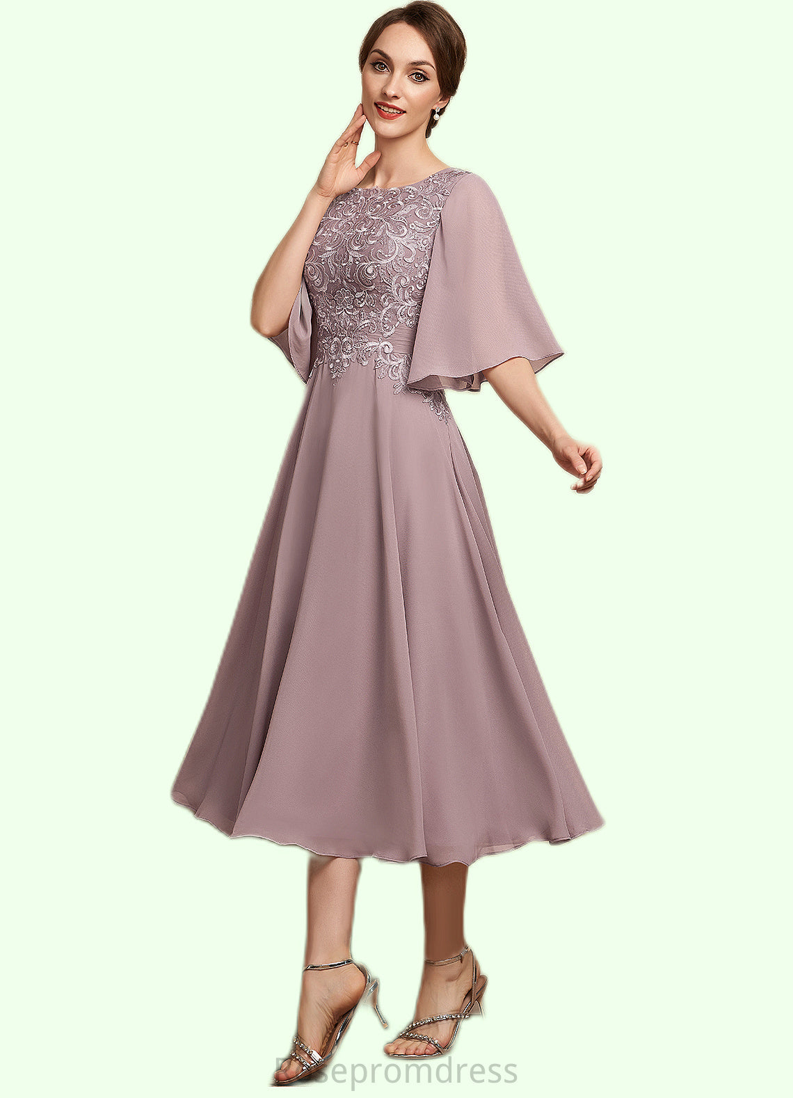 Lillianna A-Line Scoop Neck Tea-Length Chiffon Lace Mother of the Bride Dress SRS126P0014743