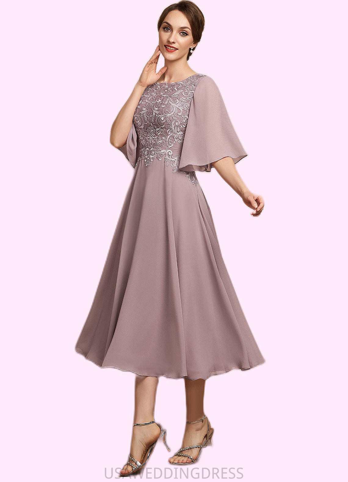 Angela A-Line Scoop Neck Tea-Length Chiffon Lace Mother of the Bride Dress DS126P0014743