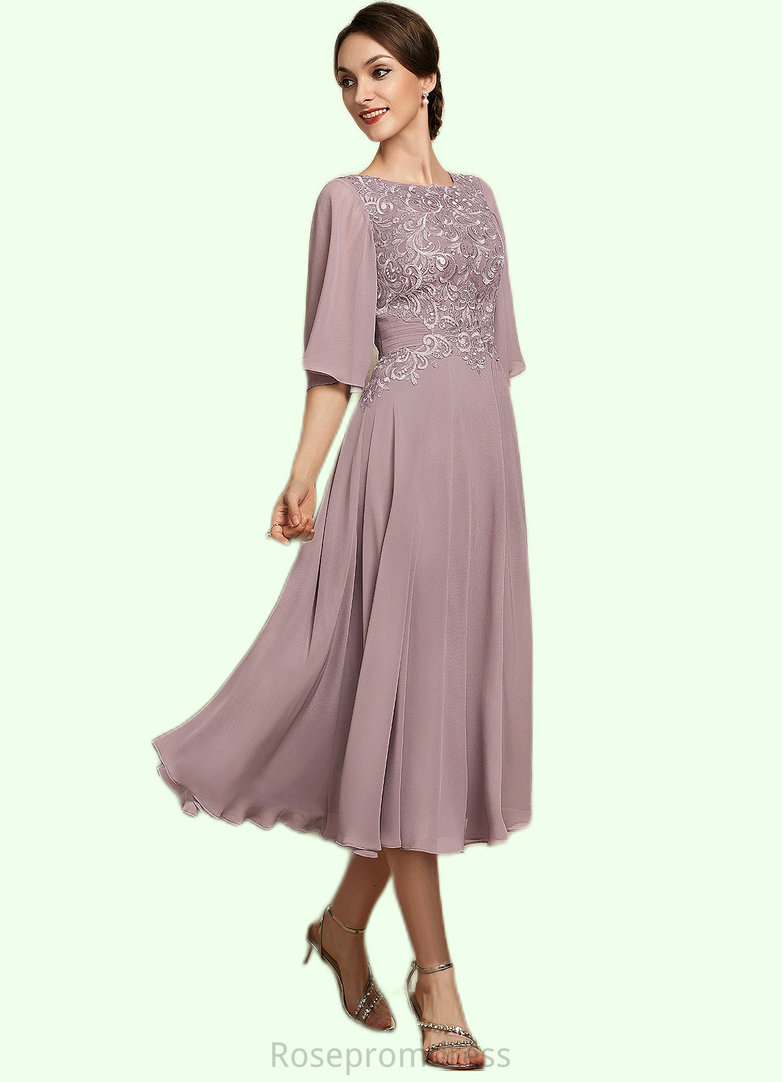 Lillianna A-Line Scoop Neck Tea-Length Chiffon Lace Mother of the Bride Dress SRS126P0014743