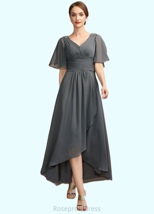 Trinity A-Line V-neck Asymmetrical Chiffon Mother of the Bride Dress With Ruffle Beading SRS126P0014744
