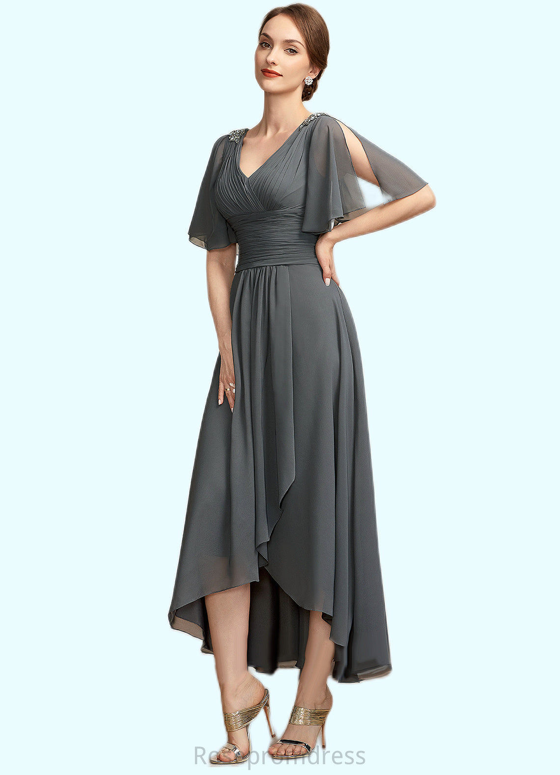 Trinity A-Line V-neck Asymmetrical Chiffon Mother of the Bride Dress With Ruffle Beading SRS126P0014744