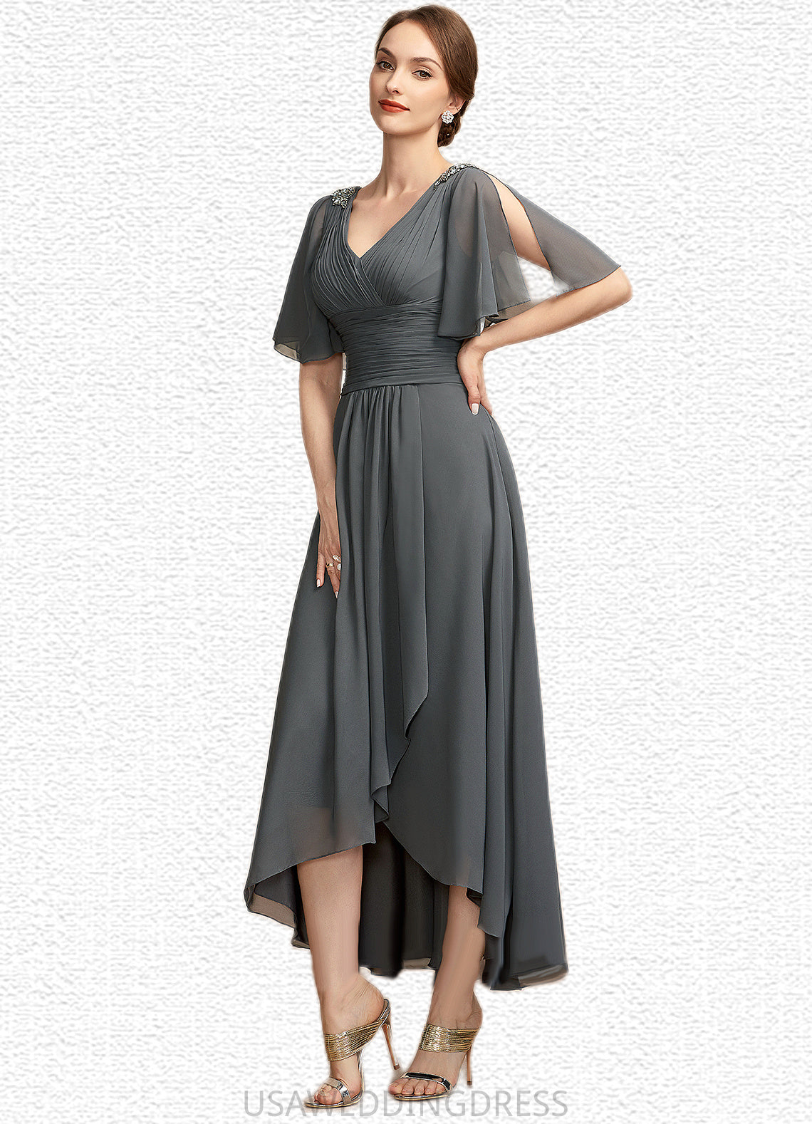 Audrey A-Line V-neck Asymmetrical Chiffon Mother of the Bride Dress With Ruffle Beading DS126P0014744