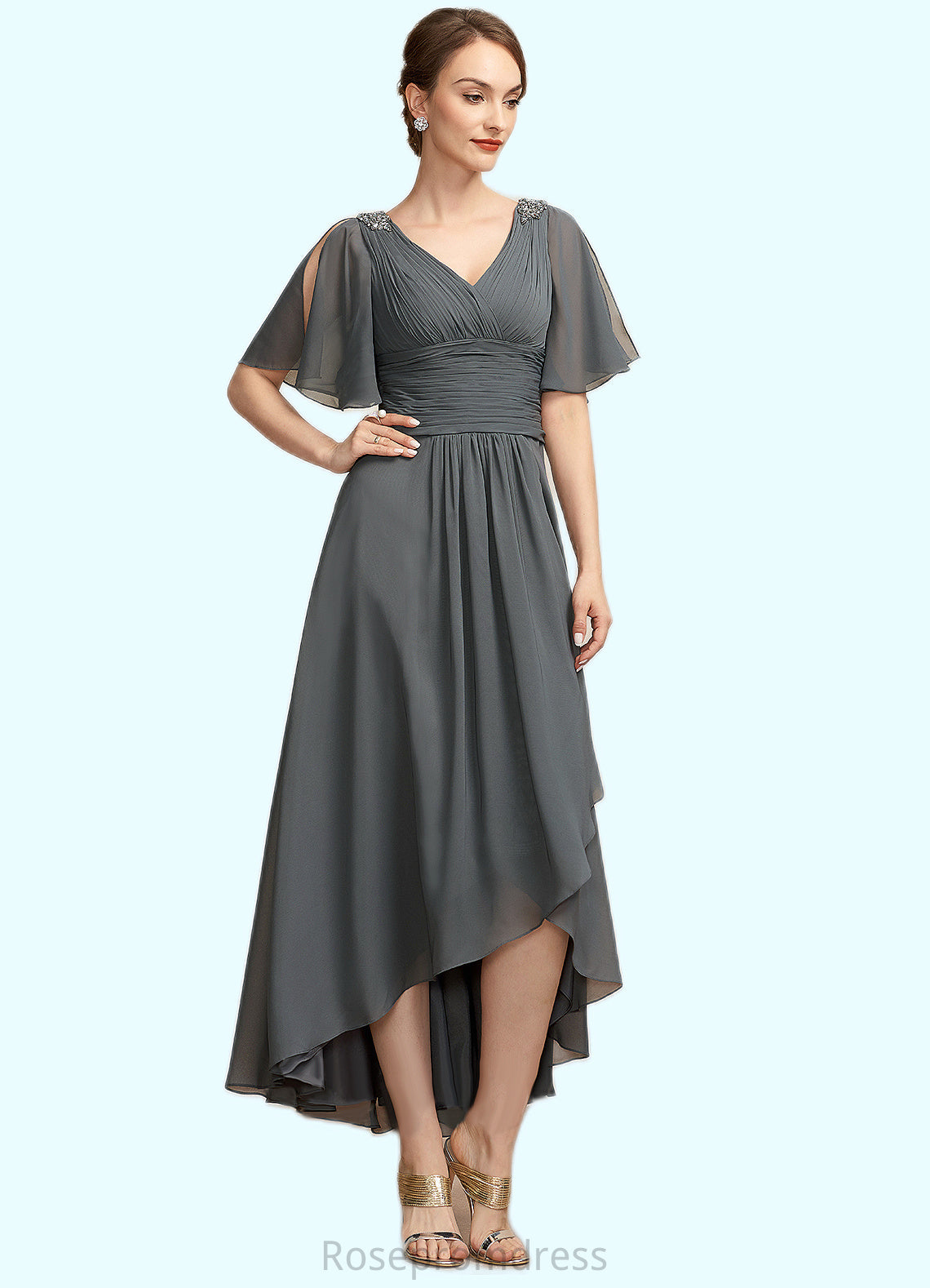 Trinity A-Line V-neck Asymmetrical Chiffon Mother of the Bride Dress With Ruffle Beading SRS126P0014744
