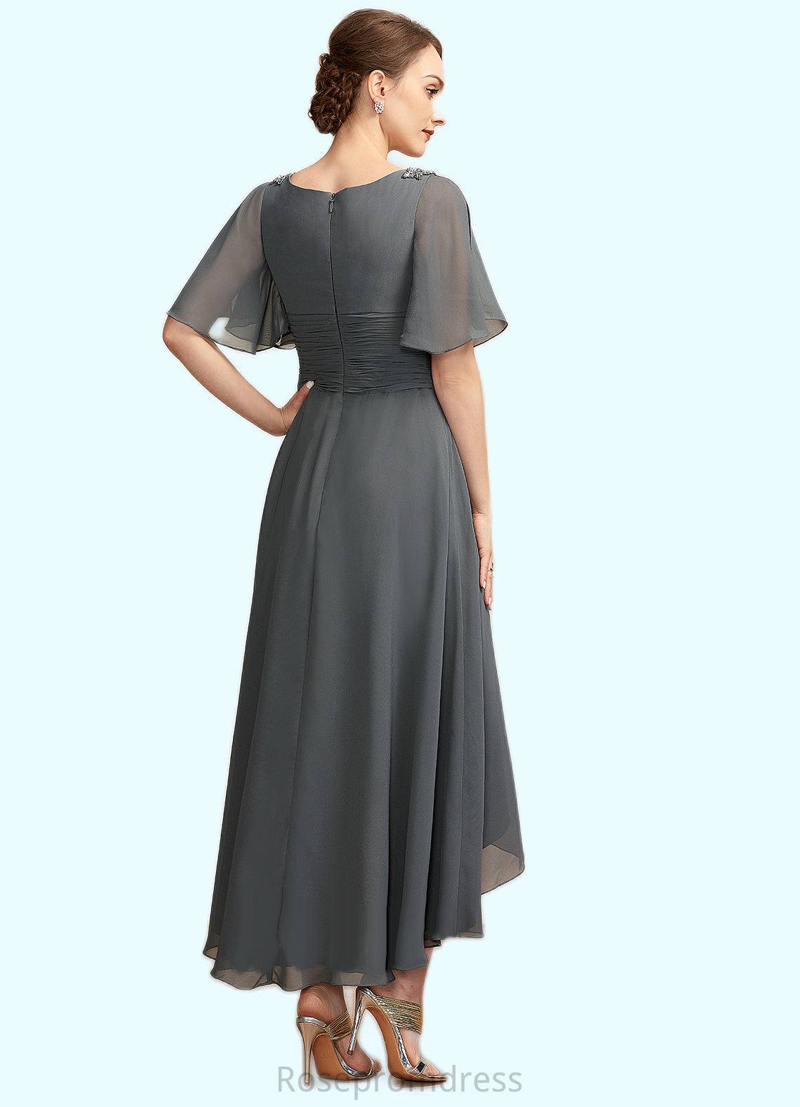 Trinity A-Line V-neck Asymmetrical Chiffon Mother of the Bride Dress With Ruffle Beading SRS126P0014744