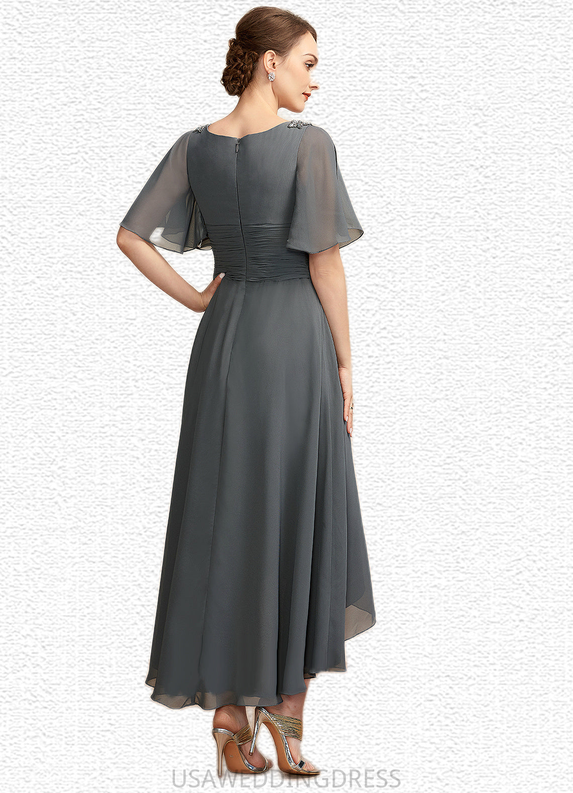 Audrey A-Line V-neck Asymmetrical Chiffon Mother of the Bride Dress With Ruffle Beading DS126P0014744