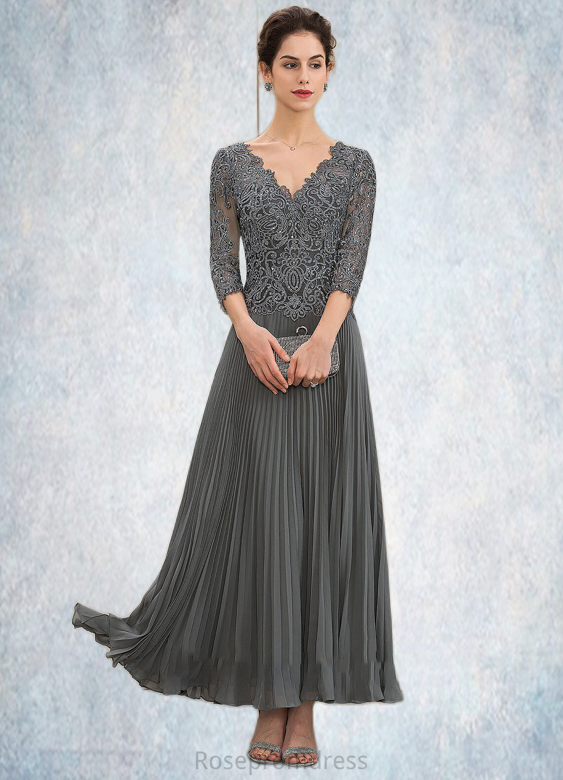 Iliana A-Line V-neck Ankle-Length Chiffon Lace Mother of the Bride Dress With Sequins Pleated SRS126P0014745