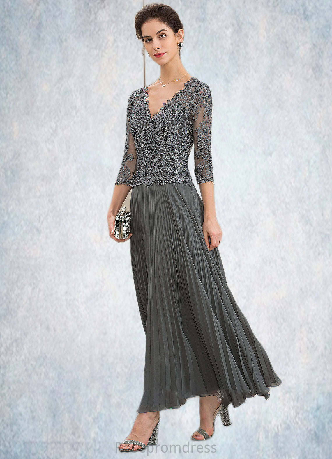 Iliana A-Line V-neck Ankle-Length Chiffon Lace Mother of the Bride Dress With Sequins Pleated SRS126P0014745