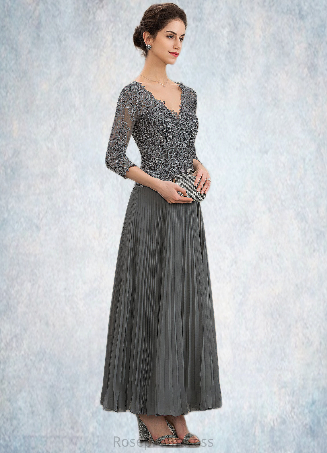 Iliana A-Line V-neck Ankle-Length Chiffon Lace Mother of the Bride Dress With Sequins Pleated SRS126P0014745