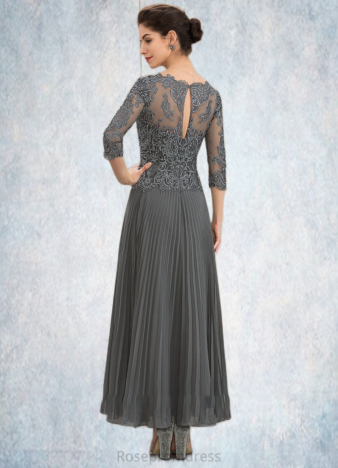 Iliana A-Line V-neck Ankle-Length Chiffon Lace Mother of the Bride Dress With Sequins Pleated SRS126P0014745