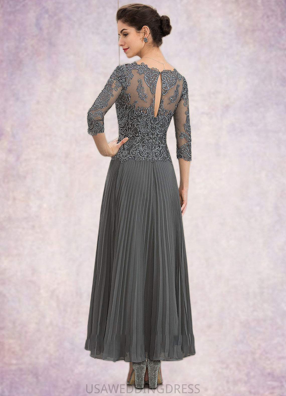 Leilani A-Line V-neck Ankle-Length Chiffon Lace Mother of the Bride Dress With Sequins Pleated DS126P0014745