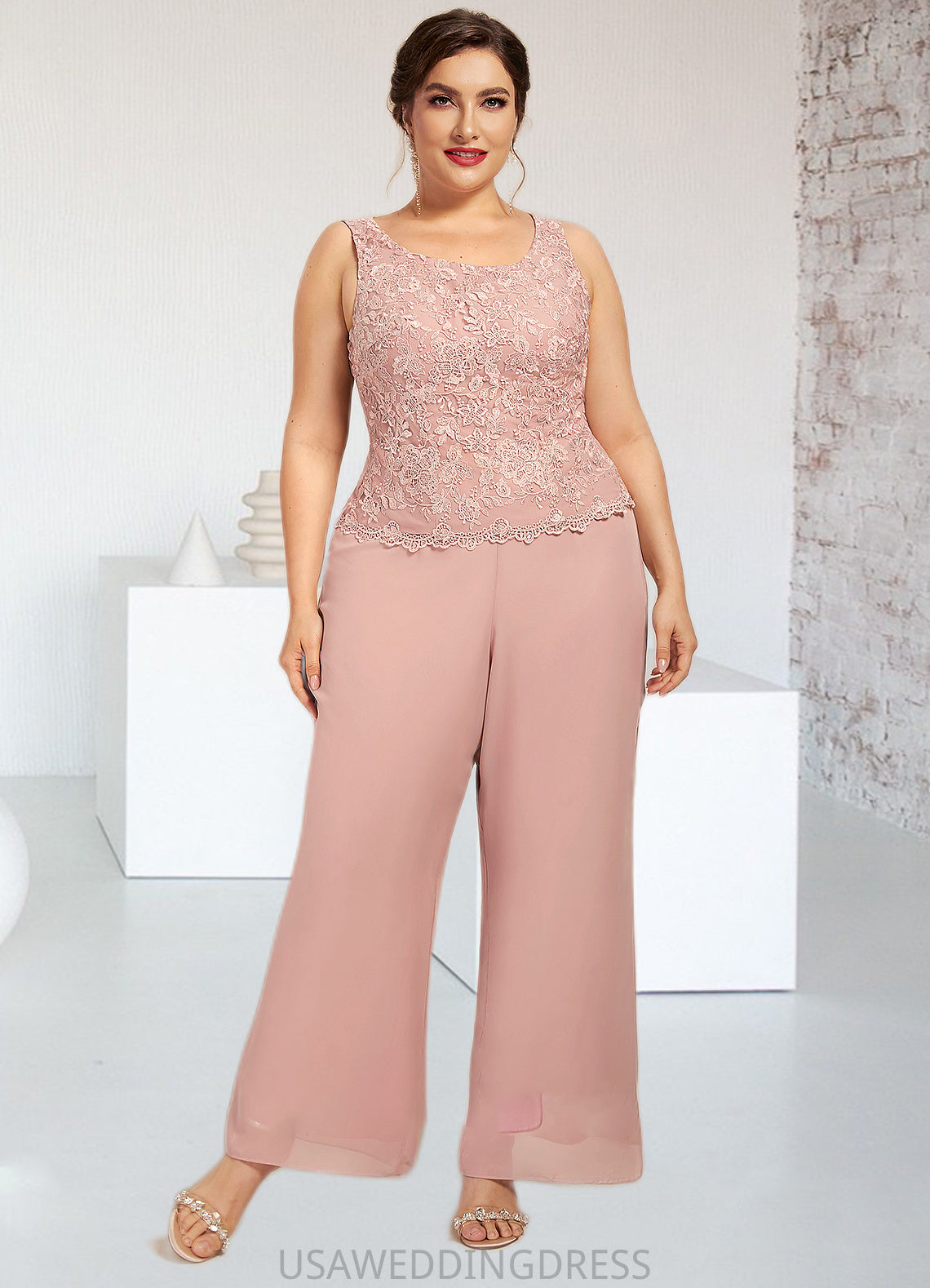 Khloe Jumpsuit/Pantsuit Scoop Neck Ankle-Length Chiffon Lace Mother of the Bride Dress DS126P0014746