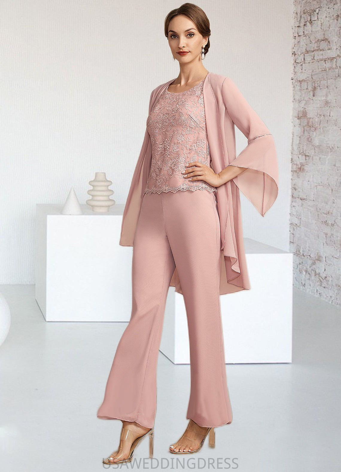 Khloe Jumpsuit/Pantsuit Scoop Neck Ankle-Length Chiffon Lace Mother of the Bride Dress DS126P0014746