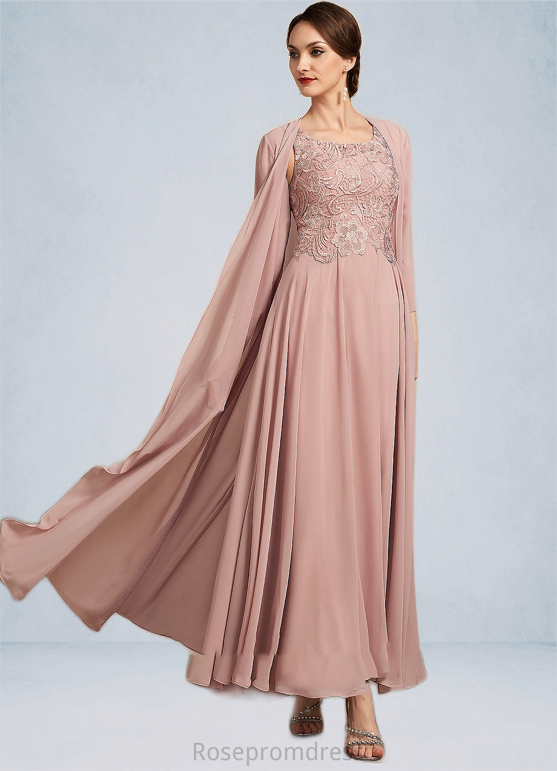 Karli A-Line Scoop Neck Ankle-Length Chiffon Lace Mother of the Bride Dress SRS126P0014747
