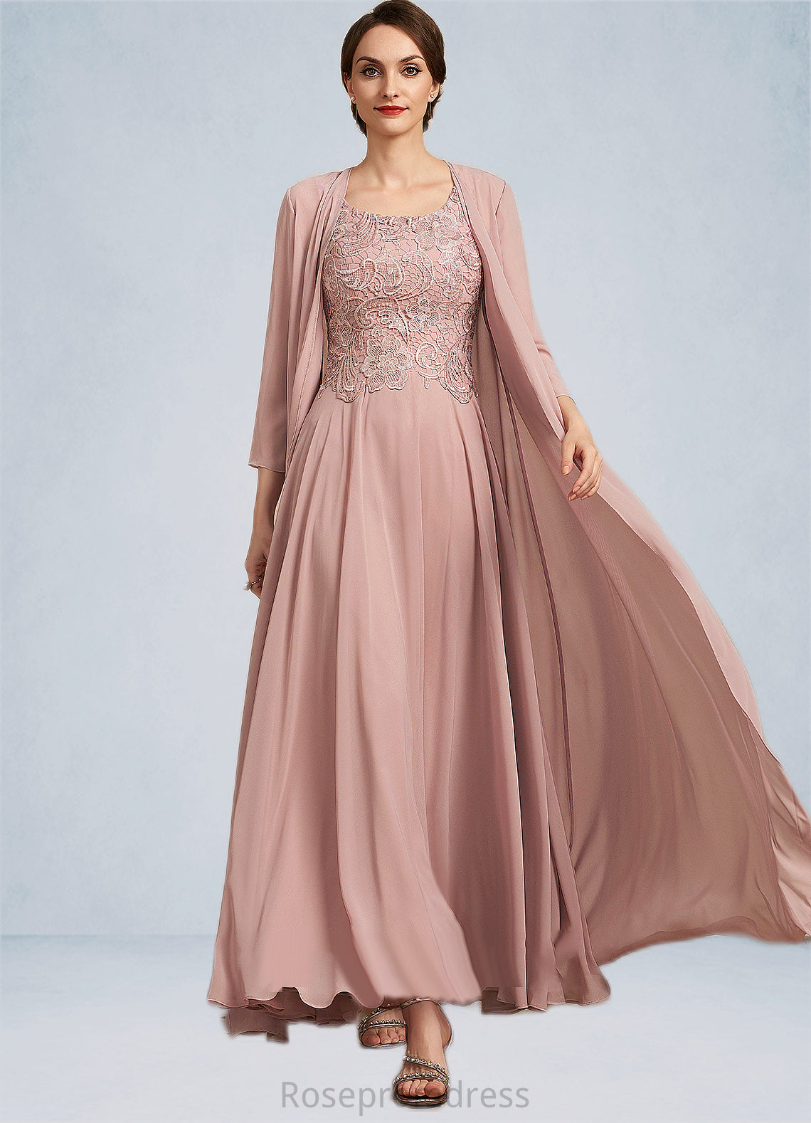Karli A-Line Scoop Neck Ankle-Length Chiffon Lace Mother of the Bride Dress SRS126P0014747
