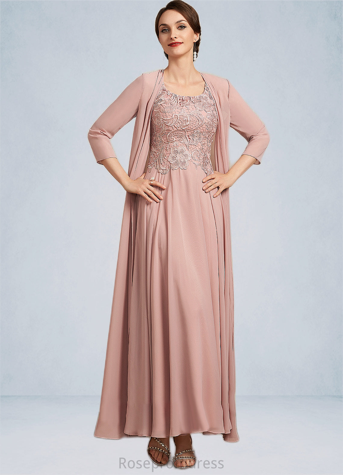 Karli A-Line Scoop Neck Ankle-Length Chiffon Lace Mother of the Bride Dress SRS126P0014747