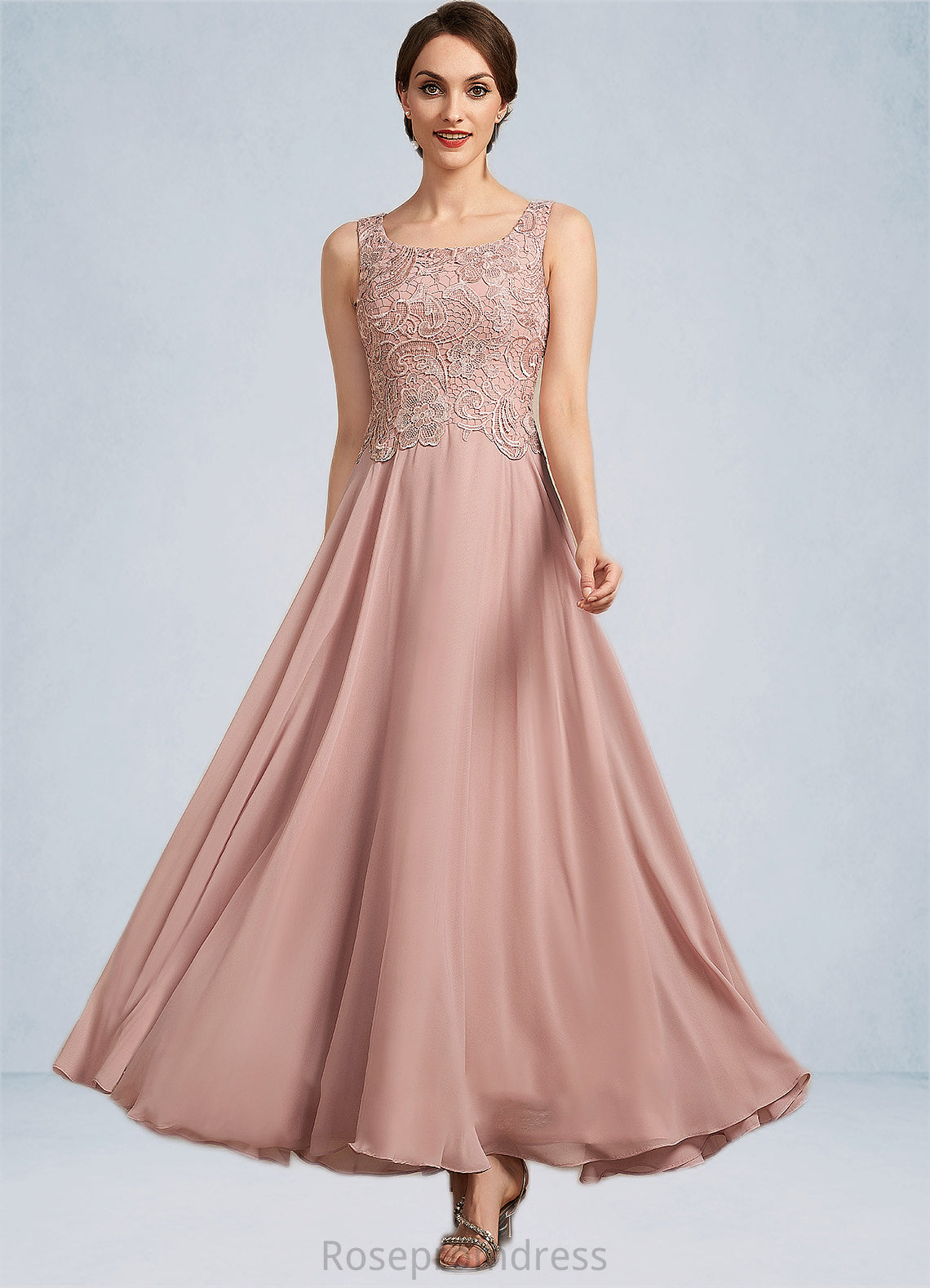 Karli A-Line Scoop Neck Ankle-Length Chiffon Lace Mother of the Bride Dress SRS126P0014747