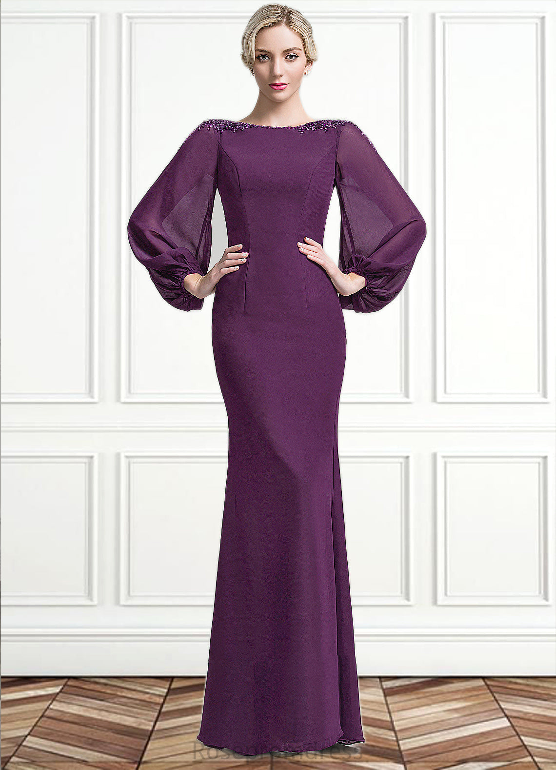Maddison Trumpet/Mermaid Scoop Neck Floor-Length Chiffon Mother of the Bride Dress With Beading Sequins SRS126P0014748