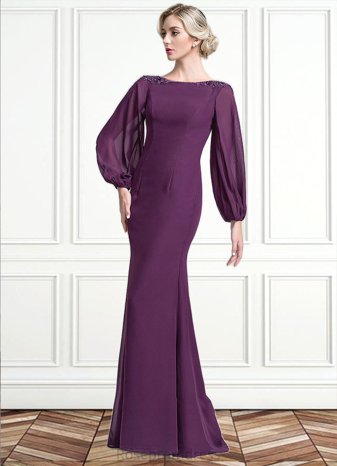 Maddison Trumpet/Mermaid Scoop Neck Floor-Length Chiffon Mother of the Bride Dress With Beading Sequins SRS126P0014748