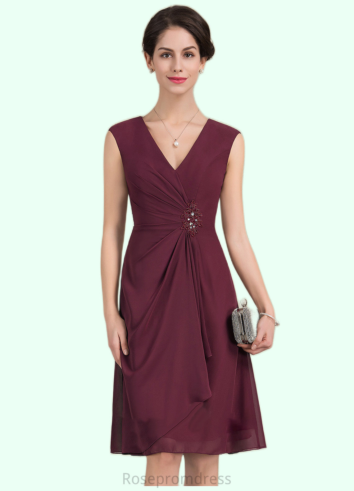 Abigail A-Line V-neck Knee-Length Chiffon Mother of the Bride Dress With Beading Sequins Cascading Ruffles SRS126P0014750