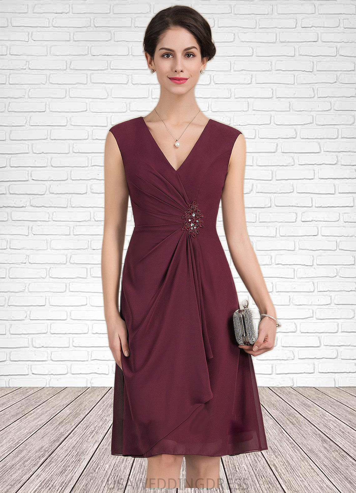Renata A-Line V-neck Knee-Length Chiffon Mother of the Bride Dress With Beading Sequins Cascading Ruffles DS126P0014750
