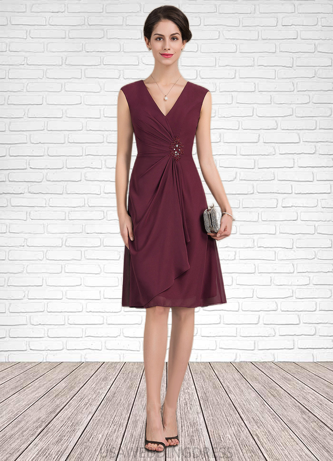 Renata A-Line V-neck Knee-Length Chiffon Mother of the Bride Dress With Beading Sequins Cascading Ruffles DS126P0014750