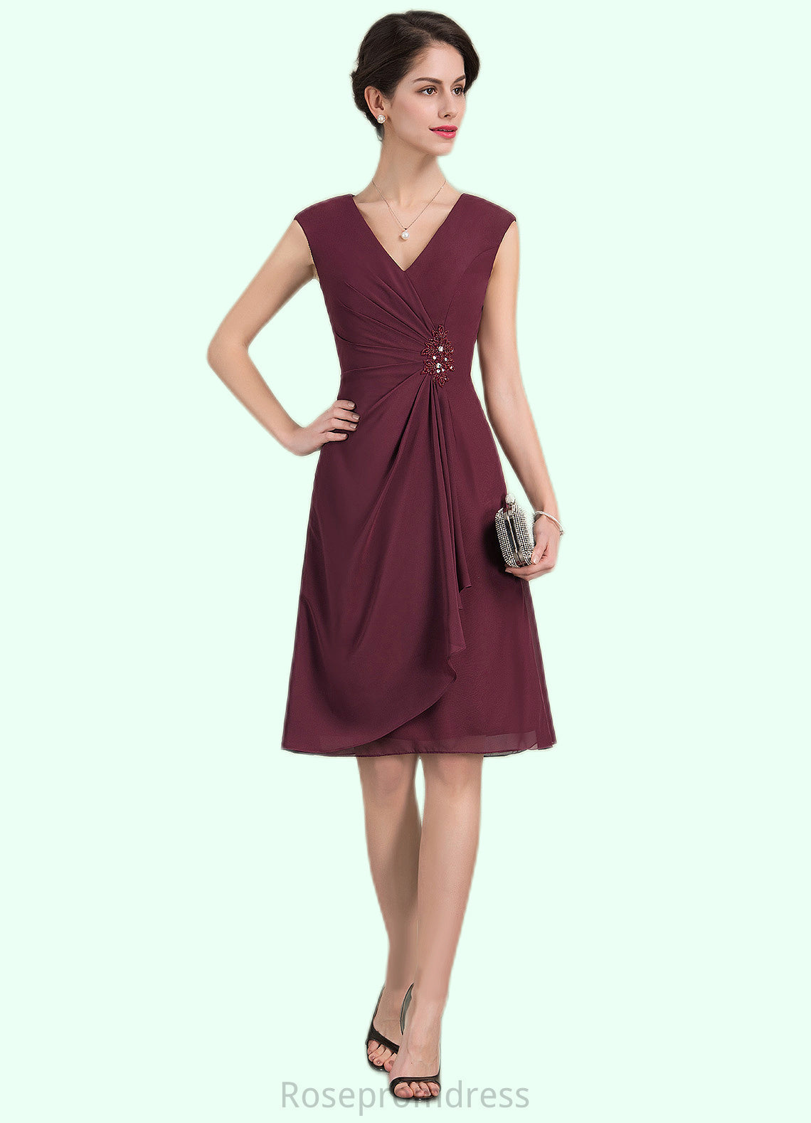 Abigail A-Line V-neck Knee-Length Chiffon Mother of the Bride Dress With Beading Sequins Cascading Ruffles SRS126P0014750