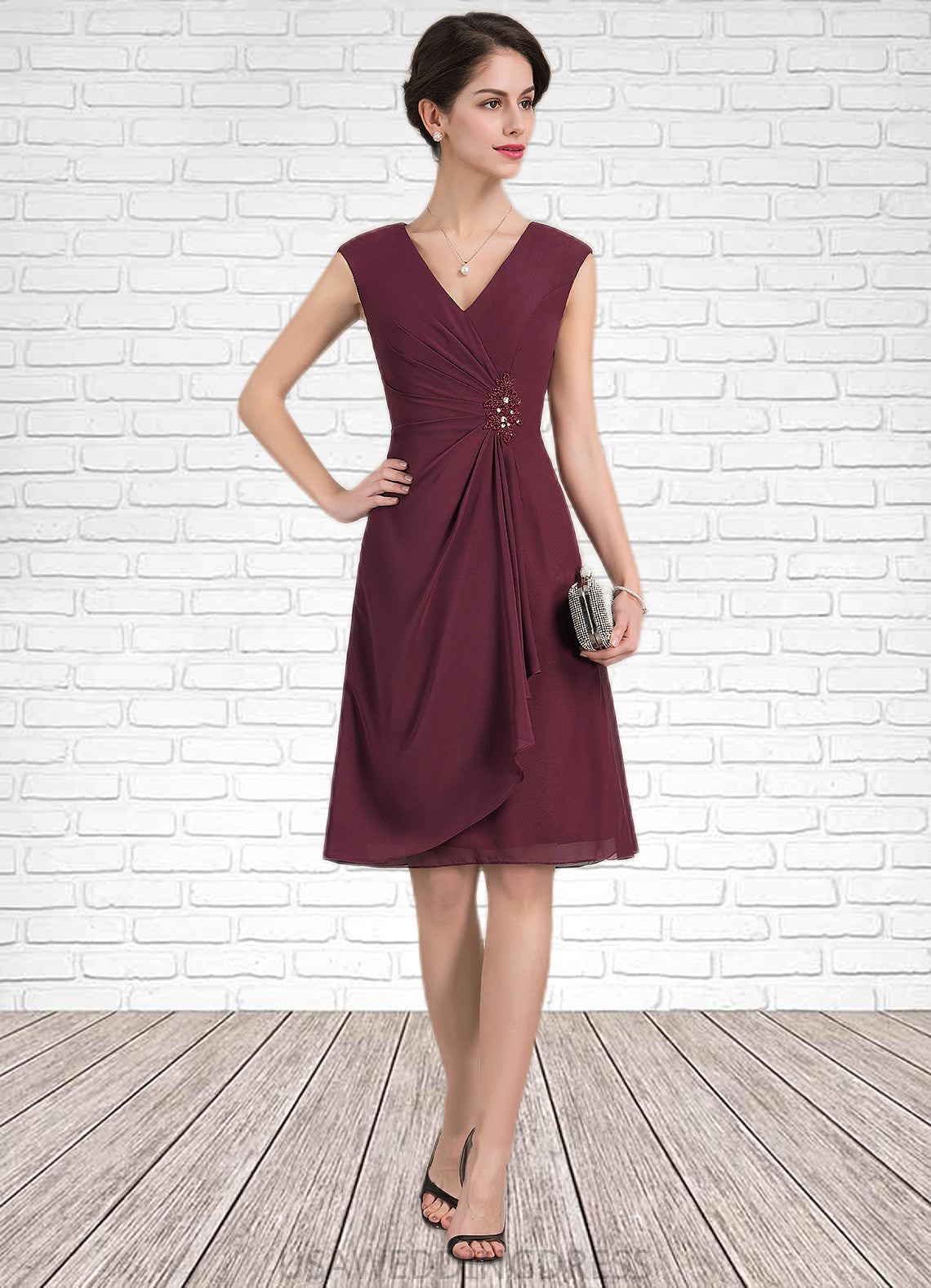 Renata A-Line V-neck Knee-Length Chiffon Mother of the Bride Dress With Beading Sequins Cascading Ruffles DS126P0014750